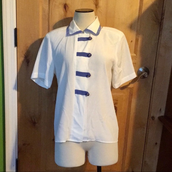 LIZ BAKER White Periwinkle Trim Vntg Blouse VGUC 6 - Picture 7 of 7